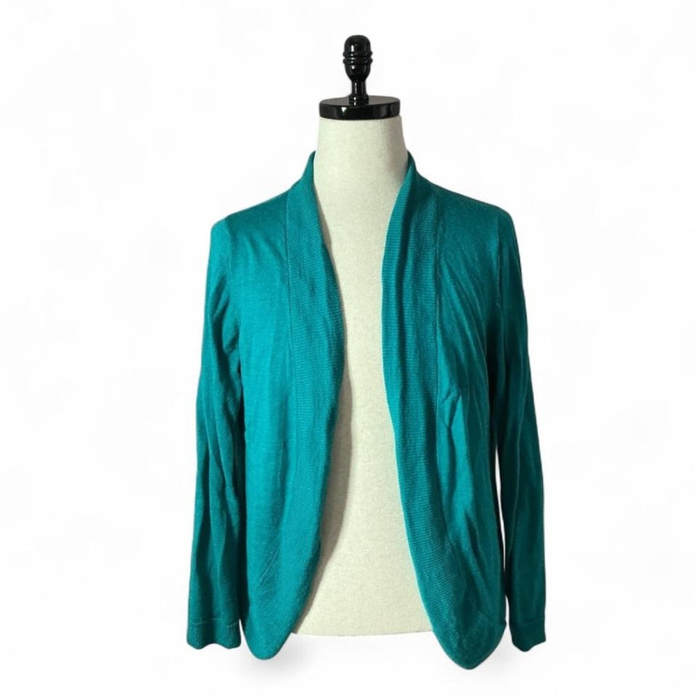 Coldwater Creek Teal Open‎ Knit Front Cardigan Sweater XL 100% Wool Winter